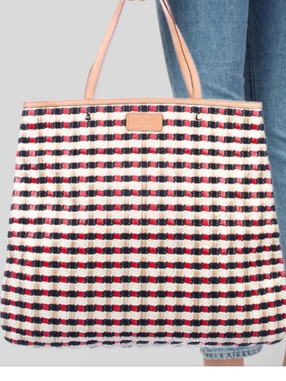 Kate Spade Tulum Reyna Woven Shopper Tote Red Navy Cream Resort Bag Dusty - EUC